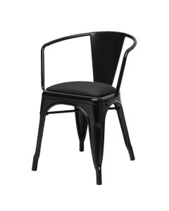 Profile view of gloss black Tolix armchair with dome seat