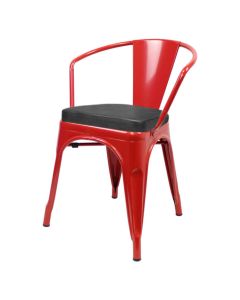 Profile view of red Tolix armchair with box seat