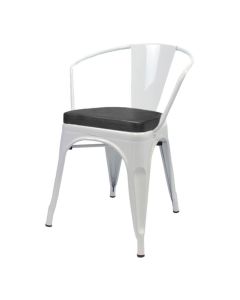 Profile view of white Tolix armchair with box seat