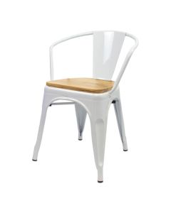 Profile view of white Tolix armchair with oak seat