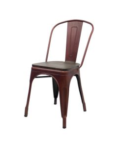 Profile view of copper Tolix chair with walnut seat