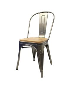 Profile view of industrial grey Tolix chair with oak seat