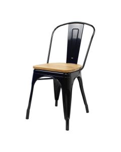 Profile view of gloss black Tolix chair with oak seat