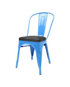 Profile view of blue Tolix chair with box seat