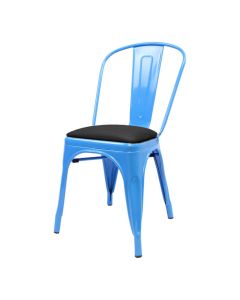 Profile view of blue Tolix chair with dome seat