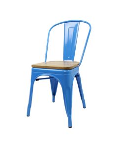 Profile view of blue Tolix chair with oak seat