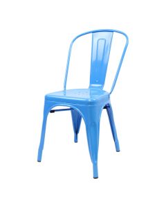 Profile view of blue Tolix side chair