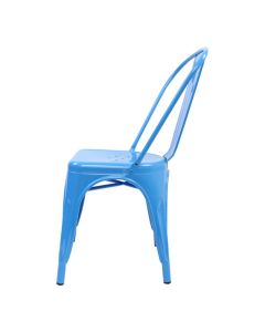 Profile view of blue Tolix side chair