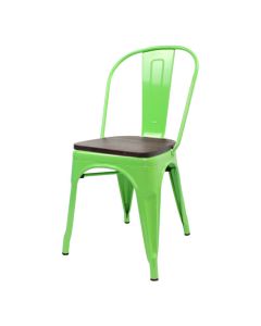 Profile view of green Tolix chair with walnut seat