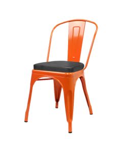 Profile view of orange Tolix chair with box seat