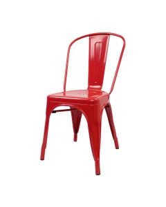 Profile view of red Tolix side chair