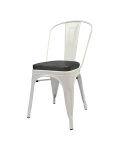 Profile view of white Tolix chair with box seat