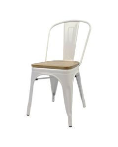 Profile view of white Tolix chair with oak seat