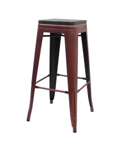 Profile view of copper Tolix low stool with walnut seat