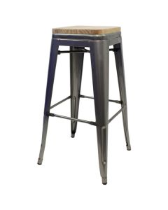 Profile view of industrial grey metal Tolix low stool with oak seat