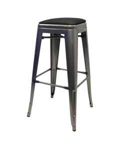 Profile view of industrial grey Tolix bar stool with dome seat