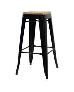 Profile view of gloss black Tolix low stool with oak seat