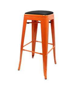 Profile view of orange Tolix bar stool with dome seat