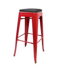 Profile view of red Tolix bar stool with box seat