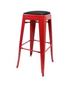 Profile view of red Tolix bar stool with dome seat