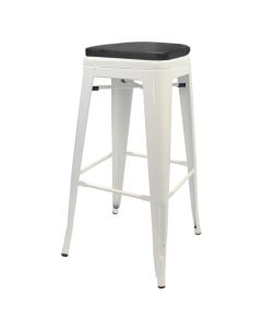 Profile view of white Tolix bar stool with box seat