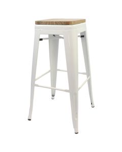 Profile view of white metal Tolix low stool with oak seat