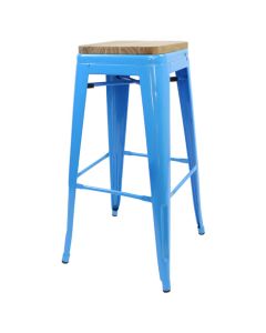 Profile view of blue Tolix low stool with oak seat