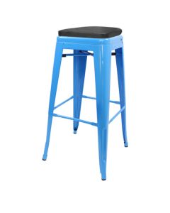 Profile view of blue Tolix bar stool with dome seat