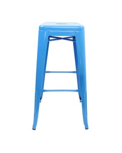 Profile view of blue Tolix bar stool