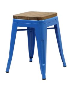 Profile view of blue Tolix low stool with oak seat