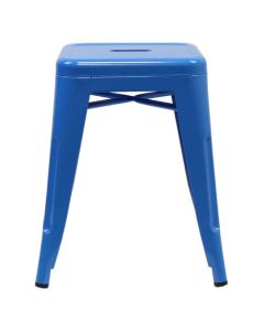 Profile view of blue Tolix low stool