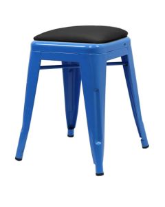 Profile view of blue Tolix low stool with dome seat