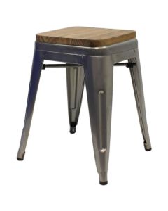 Profile view of industrial grey Tolix low stool with oak seat