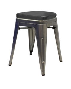 Profile view of industrial grey Tolix low stool with box seat