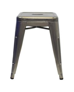 Profile view of industrial grey Tolix low stool