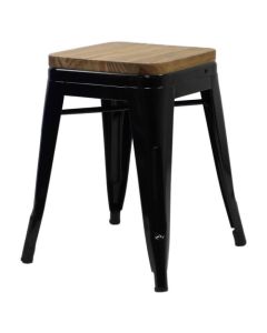 Profile view of gloss black Tolix low stool with oak seat