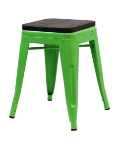 Profile view of green Tolix low stool with walnut seat