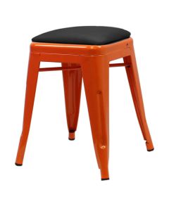 Profile view of orange Tolix low stool with dome seat