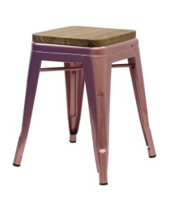 Profile view of rose gold Tolix low stool with oak seat