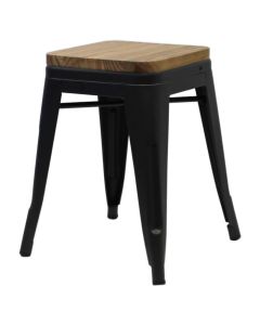 Profile view of matte gun metal Tolix low stool with oak seat