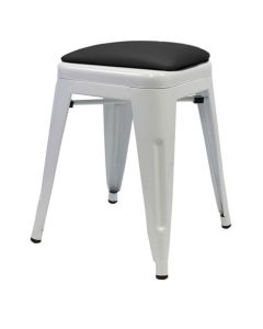 Profile view of white Tolix low stool with dome seat