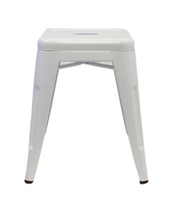 Profile view of white Tolix low stool