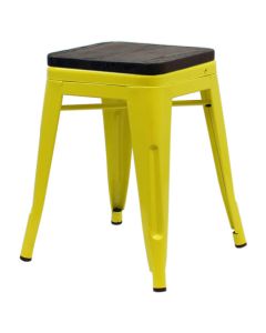 Profile view of yellow Tolix low stool with walnut seat