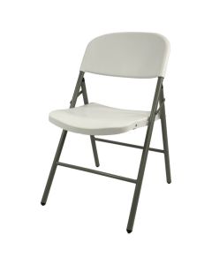 Profile view of white Apollo plastic folding chair