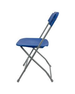 Profile view of blue economy plastic folding chair