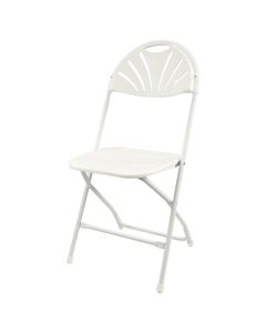 Profile view of white fanback plastic folding chair