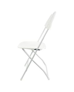Profile view of white fanback plastic folding chair