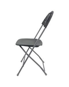 Profile view of charcoal fanback plastic folding chair