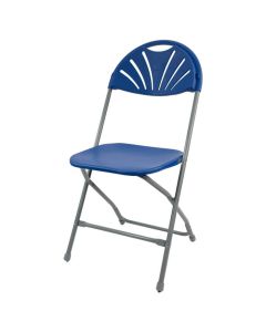 Profile view of blue fanback plastic folding chair