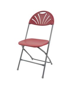 Profile view of burgundy fanback plastic folding chair